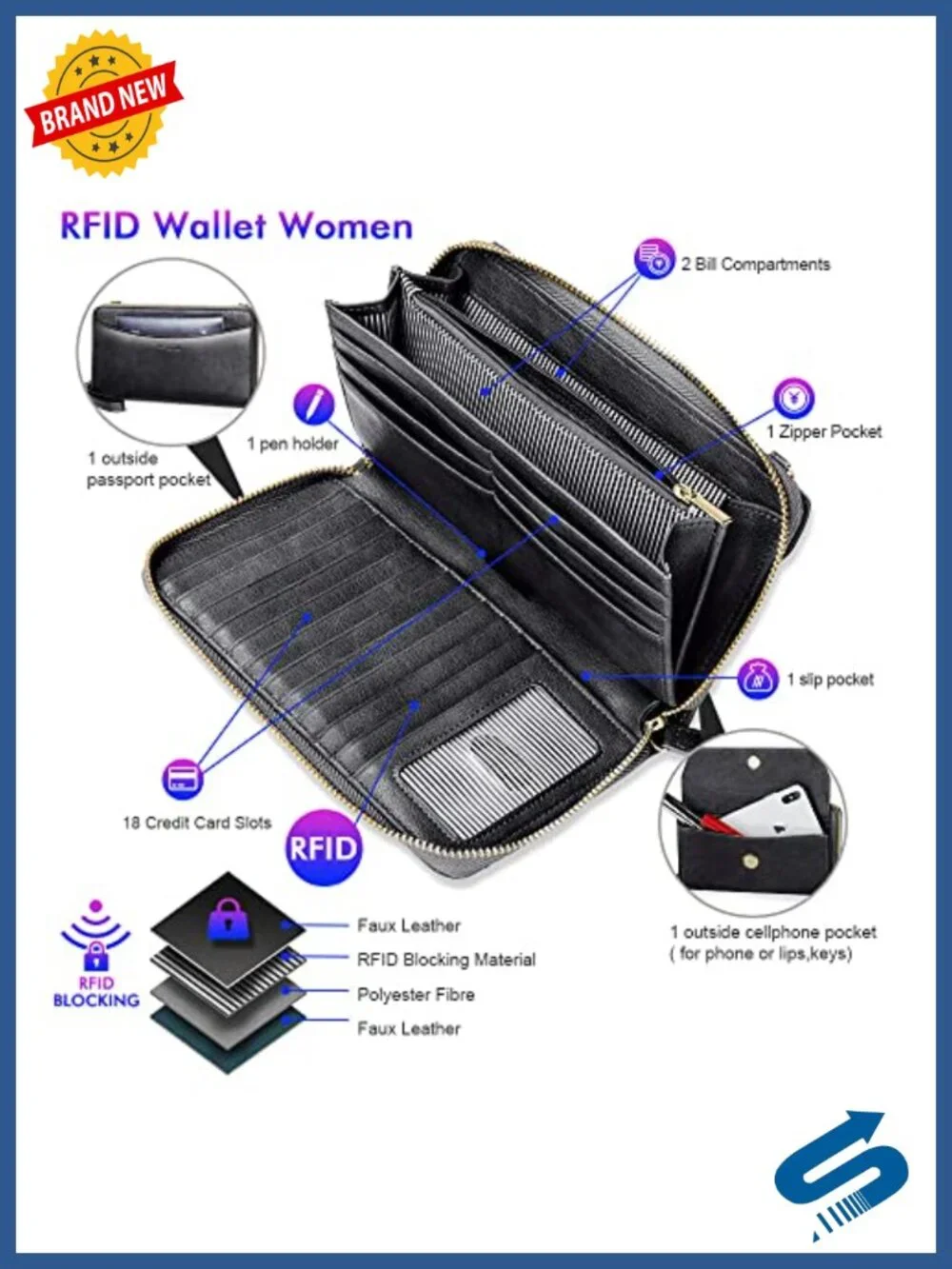RFID Blocking Zip-Around Wristlet Wallet Crossbody Clutch with 2 Removable